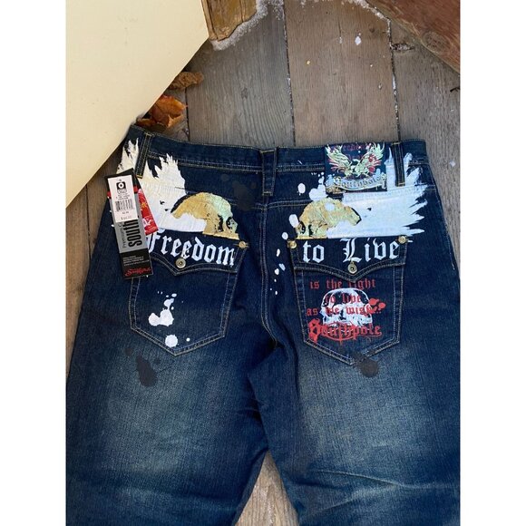 BNWT Y2K SouthPole Embroidered Freedom to Live Tint Khaki Jeans Size 42 - Picture 5 of 14